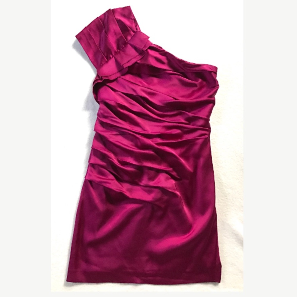 Satin Dark Hot Pink Berry Magenta One Shoulder Mini Dress 0 Cocktail Semiformal